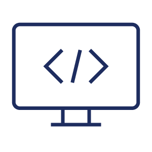 Icon für Dynamics-365-Entwicklung: Illustration eines Monitors, der spitze Klammern und einen Slash zeigt, dunkelblaue Linien auf transparentem Hintergrund