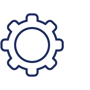 Icon für Dynamics-365-Betrieb: Illustration eines Zahnrades, dunkelblaue Linien auf transparentem Hintergrund
