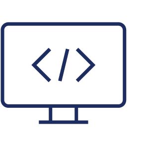 Icon für Dynamics-365-Entwicklung: Illustration eines Monitors, der spitze Klammern und einen Slash zeigt, dunkelblaue Linien auf transparentem Hintergrund