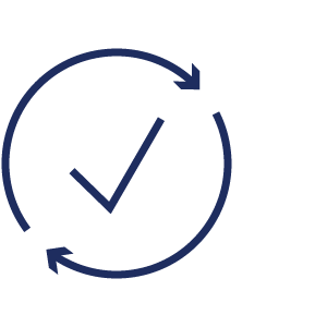 Icon für Dynamics-365-Implementierung: Illustration zweier kreisförmiger Pfeile um einen Haken, dunkelblaue Linien auf transparentem Hintergrund