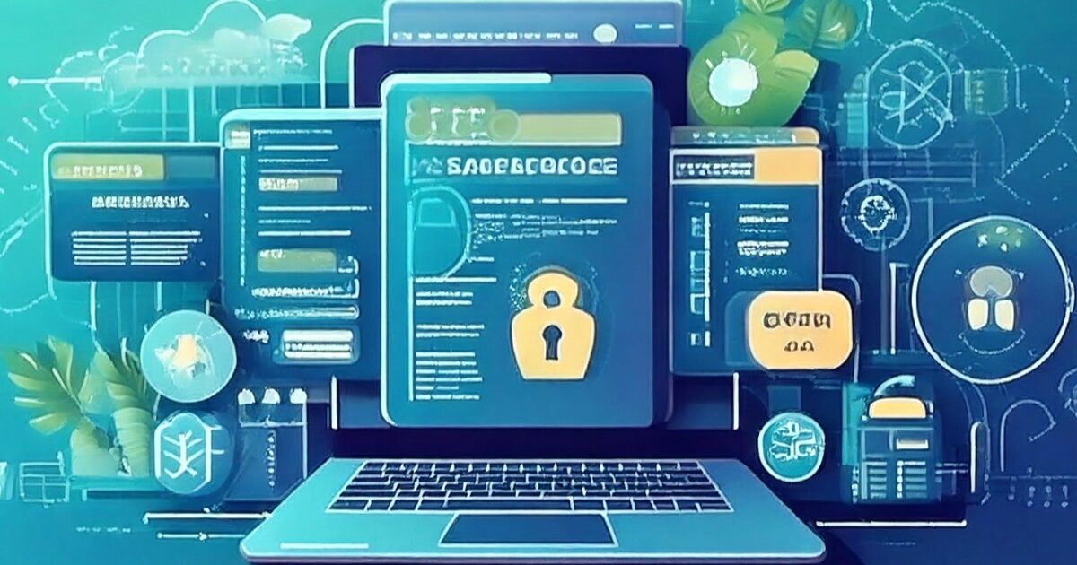 Eine blau-türkisfarbene Illustration, die verschiedene technsiche Elemente vereint wie einen Laptop und Screenshots