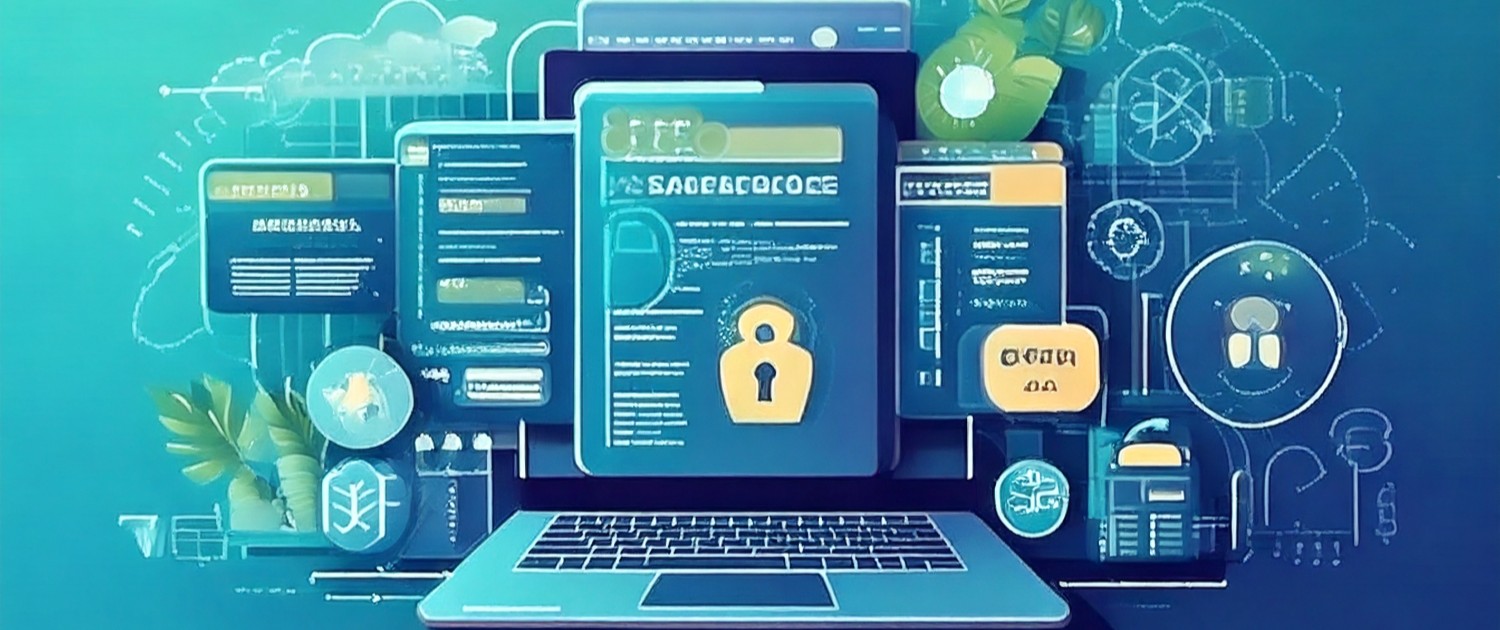 Eine blau-türkisfarbene Illustration, die verschiedene technsiche Elemente vereint wie einen Laptop und Screenshots