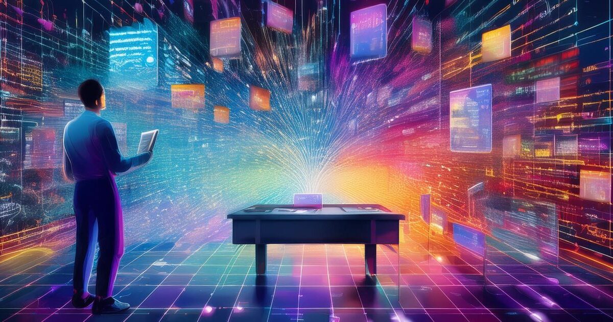 Eine futuristische Darstellung von einem Tisch, von dem aus viele verschiedene Lichtstränge ausgehen, undeutliche Screenshots im Hintergrund; eine Person, die auf die Lichtstränge und Screenshots schaut