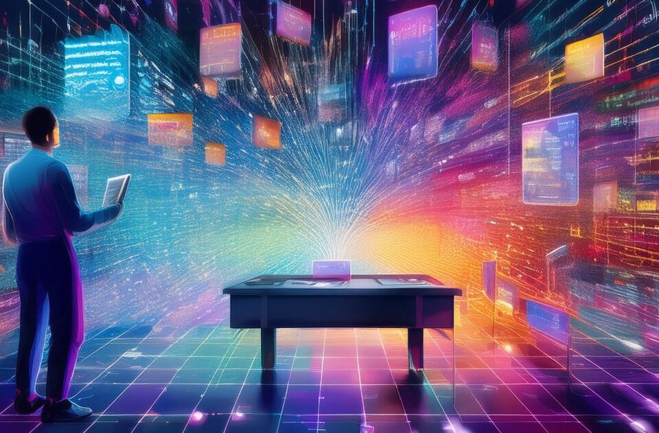 Eine futuristische Darstellung von einem Tisch, von dem aus viele verschiedene Lichtstränge ausgehen, undeutliche Screenshots im Hintergrund; eine Person, die auf die Lichtstränge und Screenshots schaut