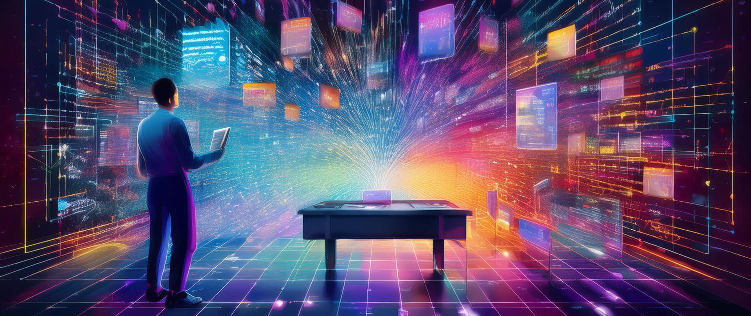 Eine futuristische Darstellung von einem Tisch, von dem aus viele verschiedene Lichtstränge ausgehen, undeutlcihe Screenshots im Hintergrund, eine Person, die auf die Lichtstränge und Screenshots schaut