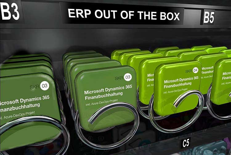 Ein Automat trägt die Überschrift "ERP out of the box" und hält verschiedene rechteckige Dosen bereit